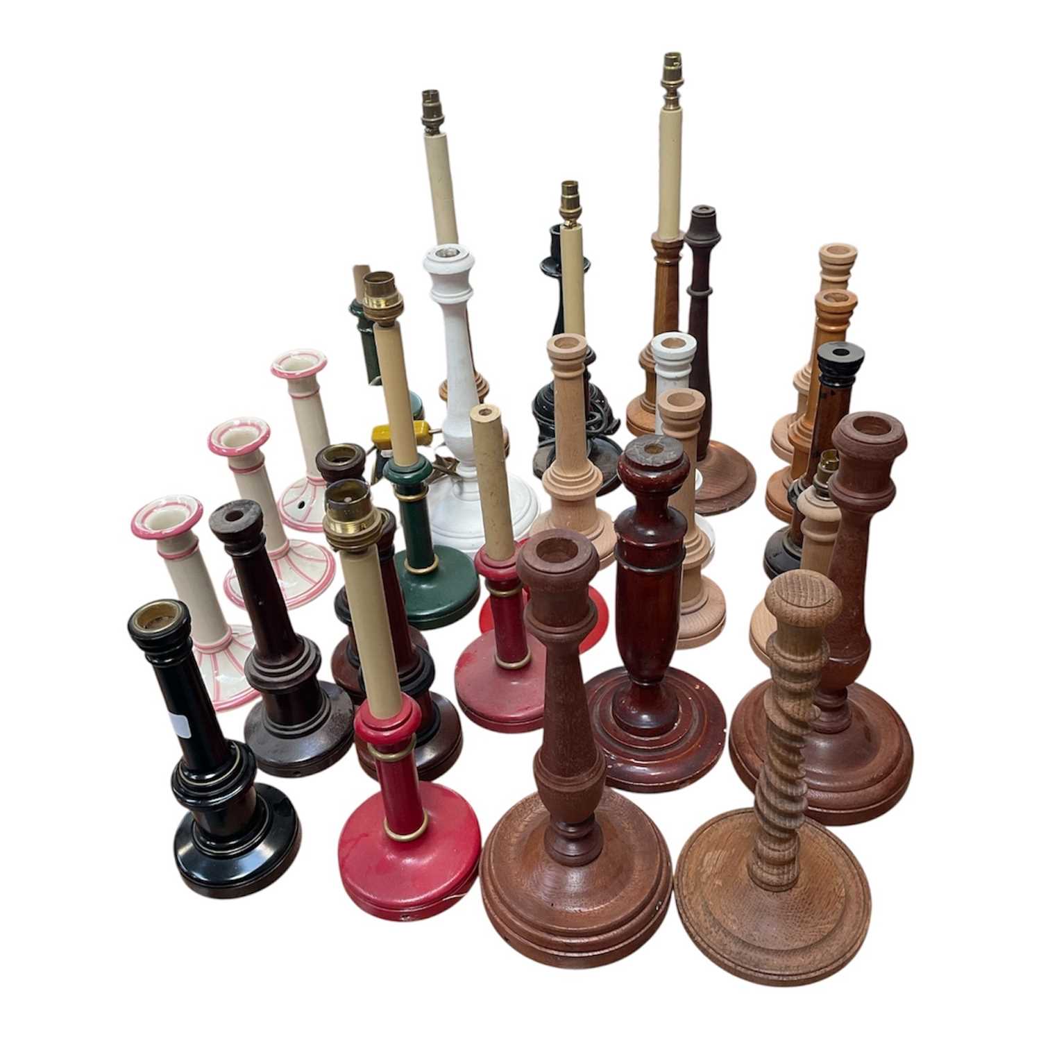 Lot 5155 - Collection of turned and painted wooden candlesticks and candlestick table lamps