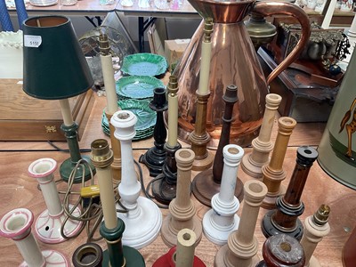 Lot 5155 - Collection of turned and painted wooden candlesticks and candlestick table lamps