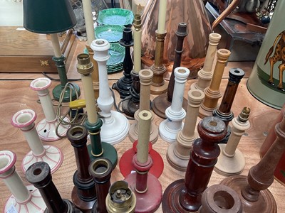 Lot 5155 - Collection of turned and painted wooden candlesticks and candlestick table lamps