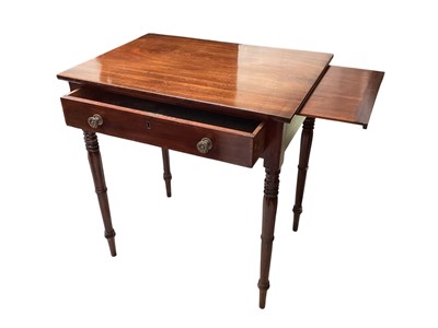 Lot 5362 - George III mahogany side table with a single drawer with original handles and a book slide to the right on turned legs, 69cm wide x 49cm deep x 74cm high