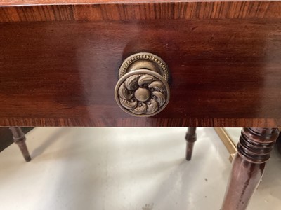 Lot 5362 - George III mahogany side table with a single drawer with original handles and a book slide to the right on turned legs, 69cm wide x 49cm deep x 74cm high