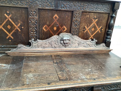 Lot 5363 - 19th century carved wooden pediment with lion's mask and floral scrolls, 112cm wide