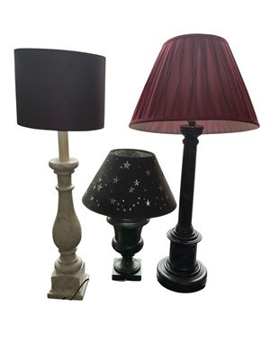 Lot 5172 - Five decorative lamps, with marbled wooden bases, the tallest (including shade) 87cm