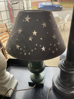 Lot 5172 - Five decorative lamps, with marbled wooden bases, the tallest (including shade) 87cm