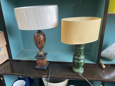 Lot 5172 - Five decorative lamps, with marbled wooden bases, the tallest (including shade) 87cm