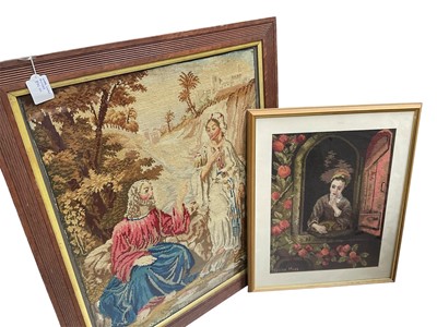 Lot 5176 - Berlin type woodwork picture of Jesus and Mary Magdalene, 64 x 55cm in period glazed frame, and another woodwork picture