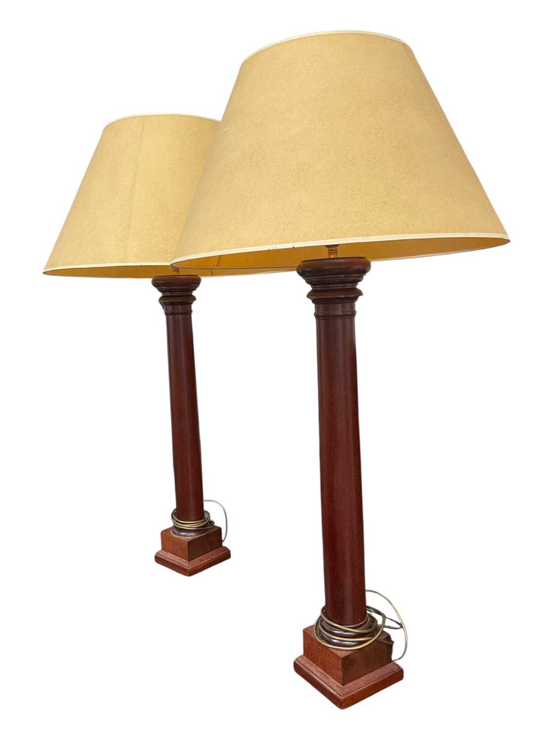 Lot 5178 - Very large pair of wooden table lamps, with matching shades, approximately 100cm high