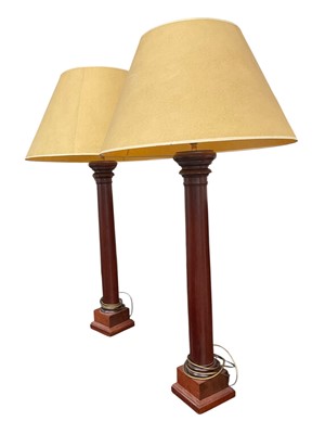 Lot 5178 - Very large pair of wooden table lamps, with matching shades, approximately 100cm high