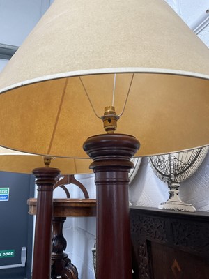 Lot 5178 - Very large pair of wooden table lamps, with matching shades, approximately 100cm high