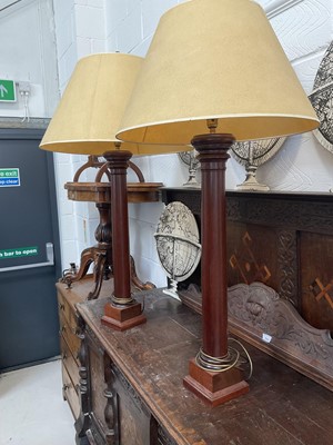 Lot 5178 - Very large pair of wooden table lamps, with matching shades, approximately 100cm high