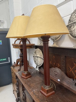 Lot 5178 - Very large pair of wooden table lamps, with matching shades, approximately 100cm high