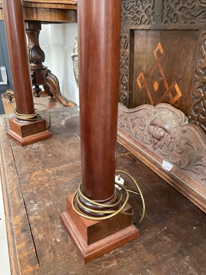 Lot 5178 - Very large pair of wooden table lamps, with matching shades, approximately 100cm high