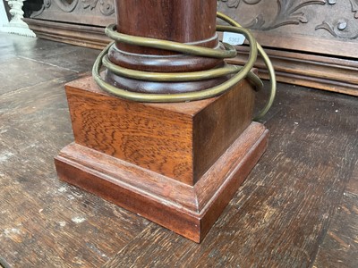 Lot 5178 - Very large pair of wooden table lamps, with matching shades, approximately 100cm high