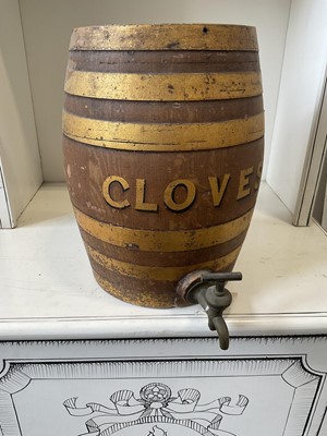 Lot 5198 - Victorian stoneware barrel, with grained and gilt painted finish, emblazoned 'Cloves'