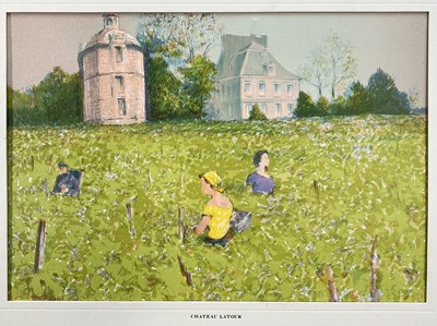 Lot 35 - Charles Mozley (1915-1991) eight lithographs, vineyards of France including Chateau Latour, Chateau Margaux, Chateau Lafite and others and a Jules Mumm Champagne advertising print