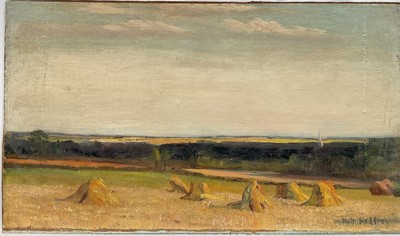 Lot 33 - Mabel Molesworth Godfrey, early 20th century, oil on canvas laid down onto board, harvest landscape, signed M. M. Godfrey, 26cm x 45cm, unframed