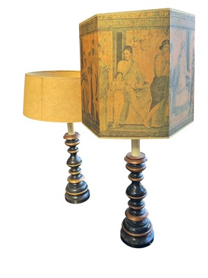 Lot 5202 - Pair of turned wooden and gilt heightens table lamps, with shades, total height (of tallest shade)