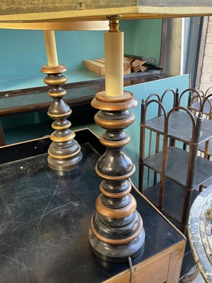 Lot 5202 - Pair of turned wooden and gilt heightens table lamps, with shades, total height (of tallest shade)