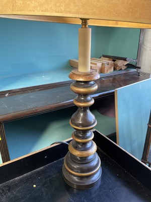 Lot 5202 - Pair of turned wooden and gilt heightens table lamps, with shades, total height (of tallest shade)