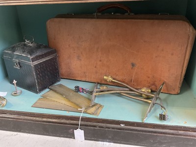 Lot 5211 - Antique leather bag, toleware box, brass finger plates and other metalwares