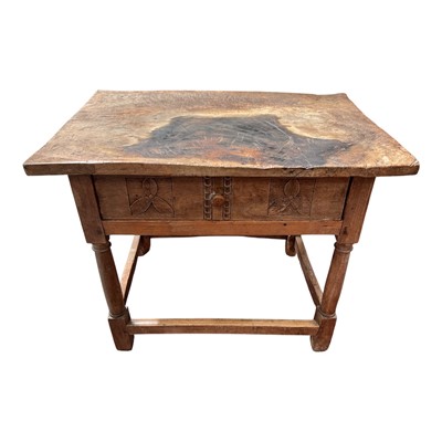 Lot 1520 - Characterful 18th century French fruitwood side table, with substantial weathered plank top over carved frieze drawer on turned and block understructure, 84cm wide x 56cm deep x 69cm high