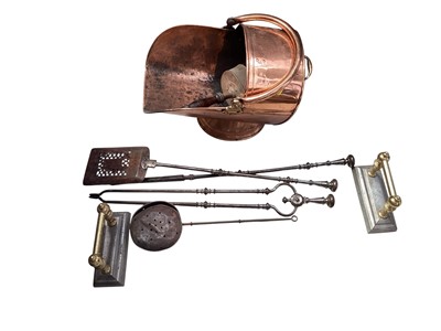 Lot 5127 - Copper coal scuttle together with iron fire tools etc