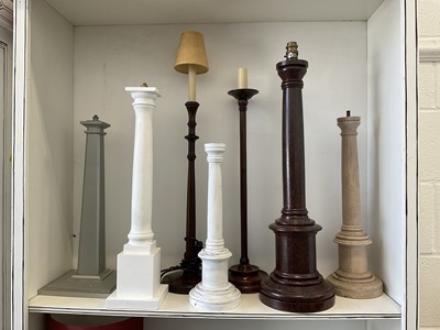 Lot 5225 - Collection of turned wooden lamp bases, the largest with marbled finish, 66cm high (7)