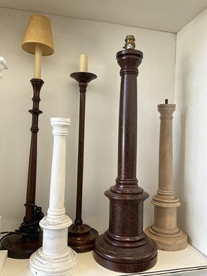 Lot 5225 - Collection of turned wooden lamp bases, the largest with marbled finish, 66cm high (7)