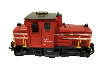 Lot 1708 - Lehmann LGB G Gauge Furka Oberalp diesel 2061, with wagons, tanker, lumber and box car rolling stock (12)
