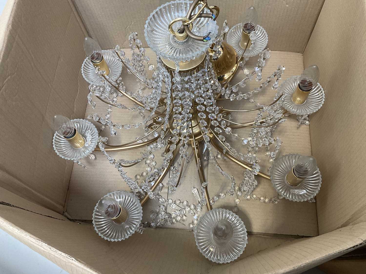 Lot 5230 - Pair of eight branch chandeliers, hung with prismatic drops, and other ceiling lights