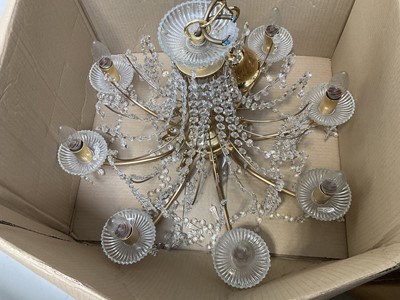 Lot 5230 - Pair of eight branch chandeliers, hung with prismatic drops, and other ceiling lights
