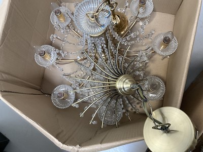 Lot 5230 - Pair of eight branch chandeliers, hung with prismatic drops, and other ceiling lights