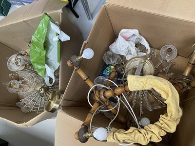 Lot 5230 - Pair of eight branch chandeliers, hung with prismatic drops, and other ceiling lights