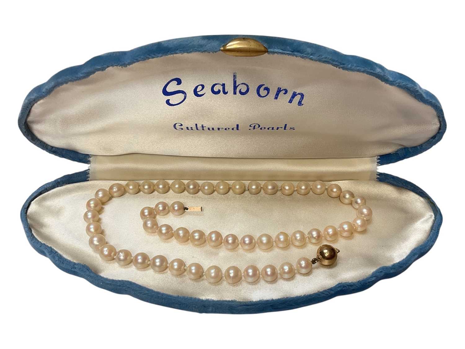 Lot 114 - Cultured pearl single string necklace with a 9ct gold spherical clasp (broken)
