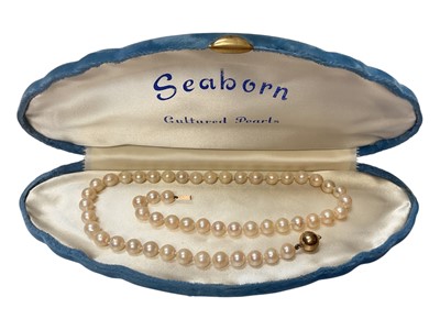 Lot 35 - Cultured pearl single string necklace with a 9ct gold spherical clasp (broken)