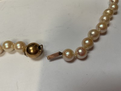 Lot 114 - Cultured pearl single string necklace with a 9ct gold spherical clasp (broken)