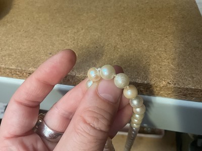 Lot 114 - Cultured pearl single string necklace with a 9ct gold spherical clasp (broken)