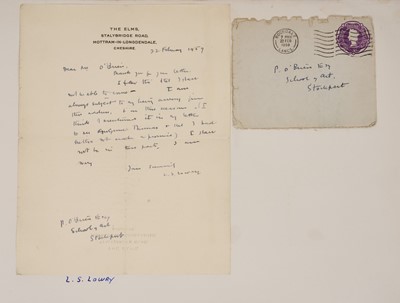 Lot 859 - L. S. Lowry (1887-1976) handwritten letter to a Mr O'Brien dated 22 February 1959