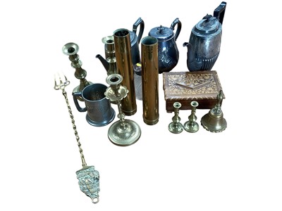 Lot 5082 - Group of mixed metalware to include brass trench art shell cases, pewter teaset, parquetry box and vesta case.