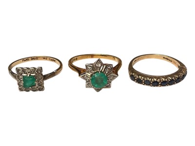 Lot 28 - Emerald and diamond cluster ring in 18ct gold setting, 9ct gold sapphire half eternity ring and a 9ct gold synthetic stone dress ring (3)