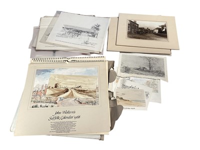 Lot 5239 - John Western (1948-1993) watercolour on card, Middle Barn, Framsden, together with signed prints by the artist, calendars, etc, and a group of photos of local interest