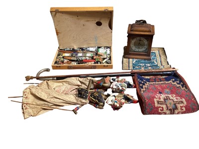 Lot 5242 - Sundry items, including two Indonesian wooden puppets, an artist's paint box, 800 silver handled walking stick, etc