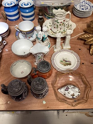 Lot 5246 - Group of ceramics, including a Chinese famille rose bowl, Victorian plate painted with a bird, Moore Bros style lamp, etc
