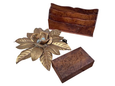 Lot 5253 - Sundry items, including a gilt metal candle holder, burr wood box, letter rack, etc