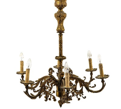 Lot 1523 - 19th century French ormolu six branch chandelier with foliate scrolls, 88cm high.