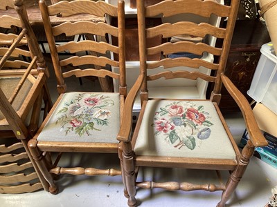 Lot 5390 - Set of eight ladder back chairs with floral tapestry seats