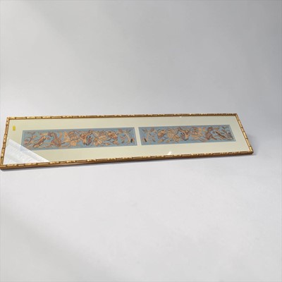 Lot 5289 - Chinese silk embroidered sleeve panels in faux bamboo frame, each sleeve 52cm x 9cm