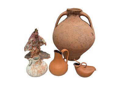 Lot 5291 - Pottery sculpture, with label to base reading 'Mary Brownlow in Japan about 1939', also inscribed 'Yama King of Hell', 25cm high, together with a large antique pottery twin handled vase, 39cm hi...