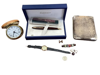 Lot 5394 - Silver and lizard skin wallet, together with two waterman pens in the box, a Tempora travel clock and other jewellery