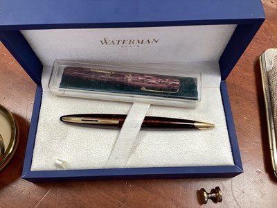 Lot 5394 - Silver and lizard skin wallet, together with two waterman pens in the box, a Tempora travel clock and other jewellery